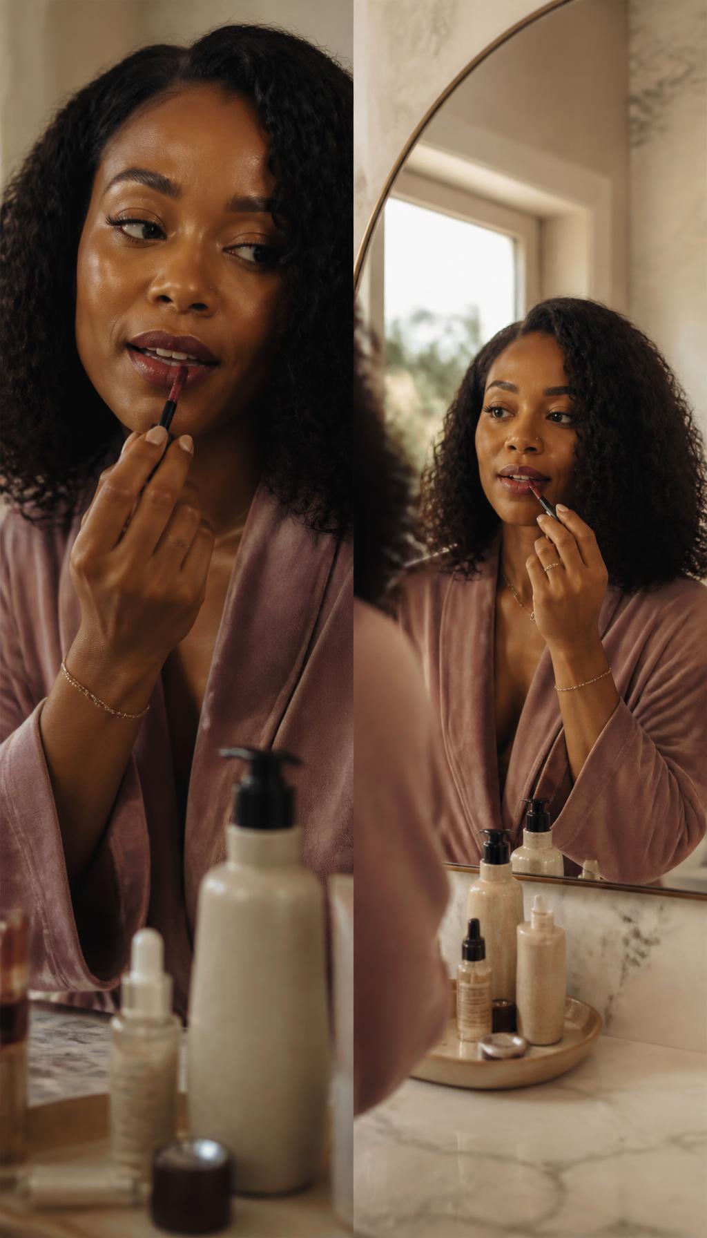 Nia Monroe applying lip color at her vanity
