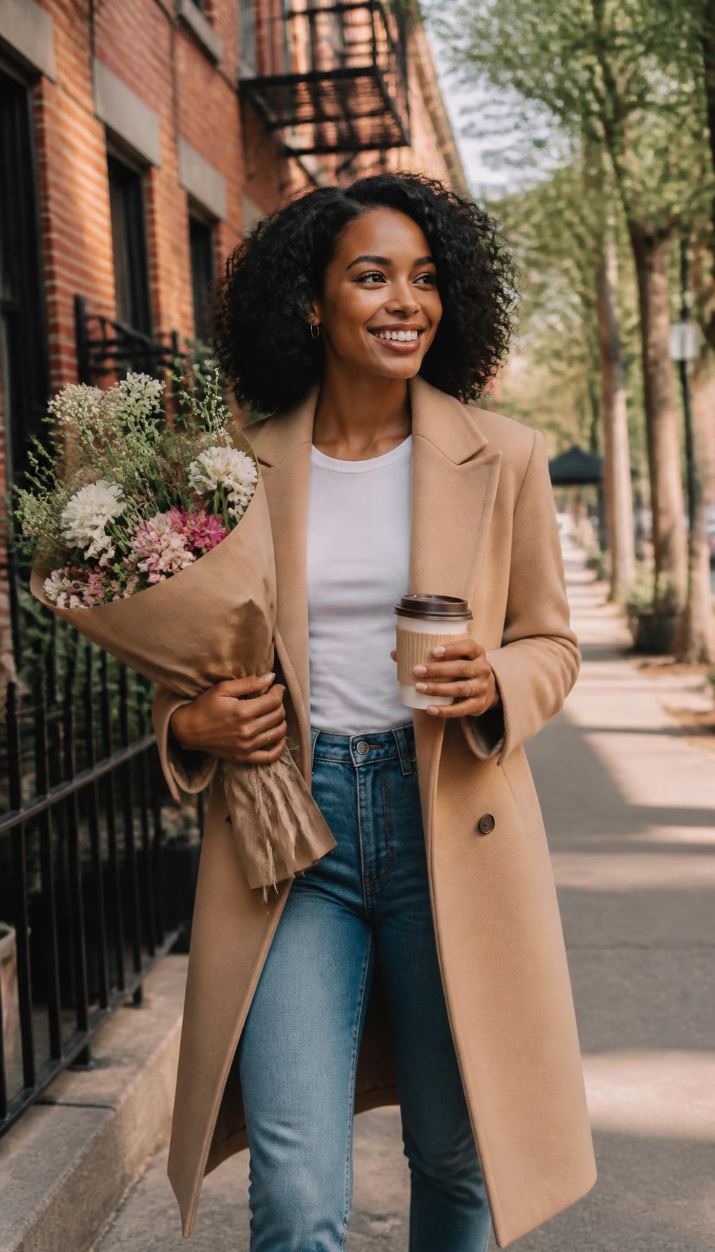 Nia Monroe carrying flowers and coffee on a city walk
